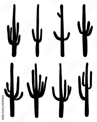 Black silhouettes of different cactus on a white background