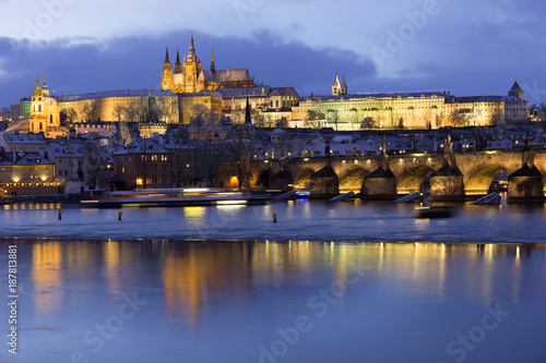 Wallpaper Mural Evening colorful snowy Christmas Prague Lesser Town with gothic Castle and Charles Bridge, Czech republic Torontodigital.ca