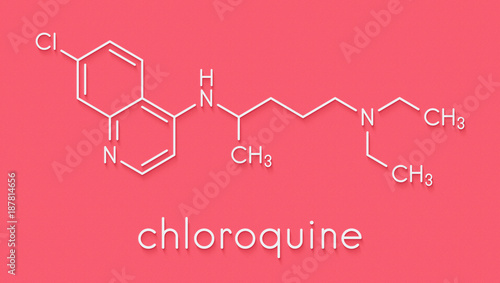 Chloroquine malaria drug molecule. Used to treat and prevent malaria. Also used for antiviral and immunosuppressant properties. Skeletal formula.