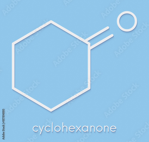 Cyclohexanone organic solvent molecule. Precursor of nylon. Skeletal formula. photo