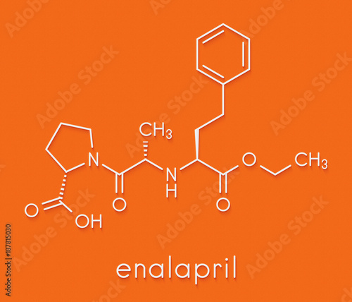 Enalapril high blood pressure drug molecule. Angiotensin Converting Enzyme (ACE) inhibitor used in treatment of hypertension. Skeletal formula. photo