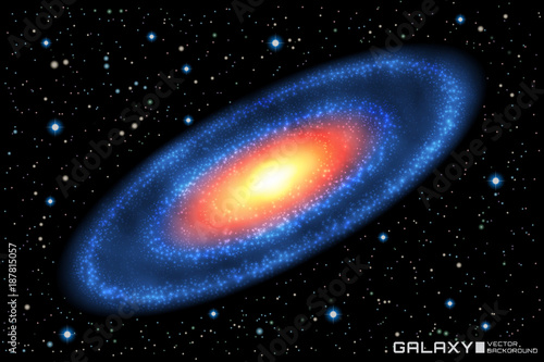 Vector illustration of realistic spiral galaxy on star cosmic background. Galaxy template.