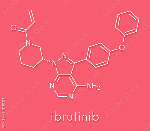 Ibrutinib cancer drug molecule. Used in treatment of mantle cell lymphoma and chronic lymphocytic leukemia (CLL). Skeletal formula. photo