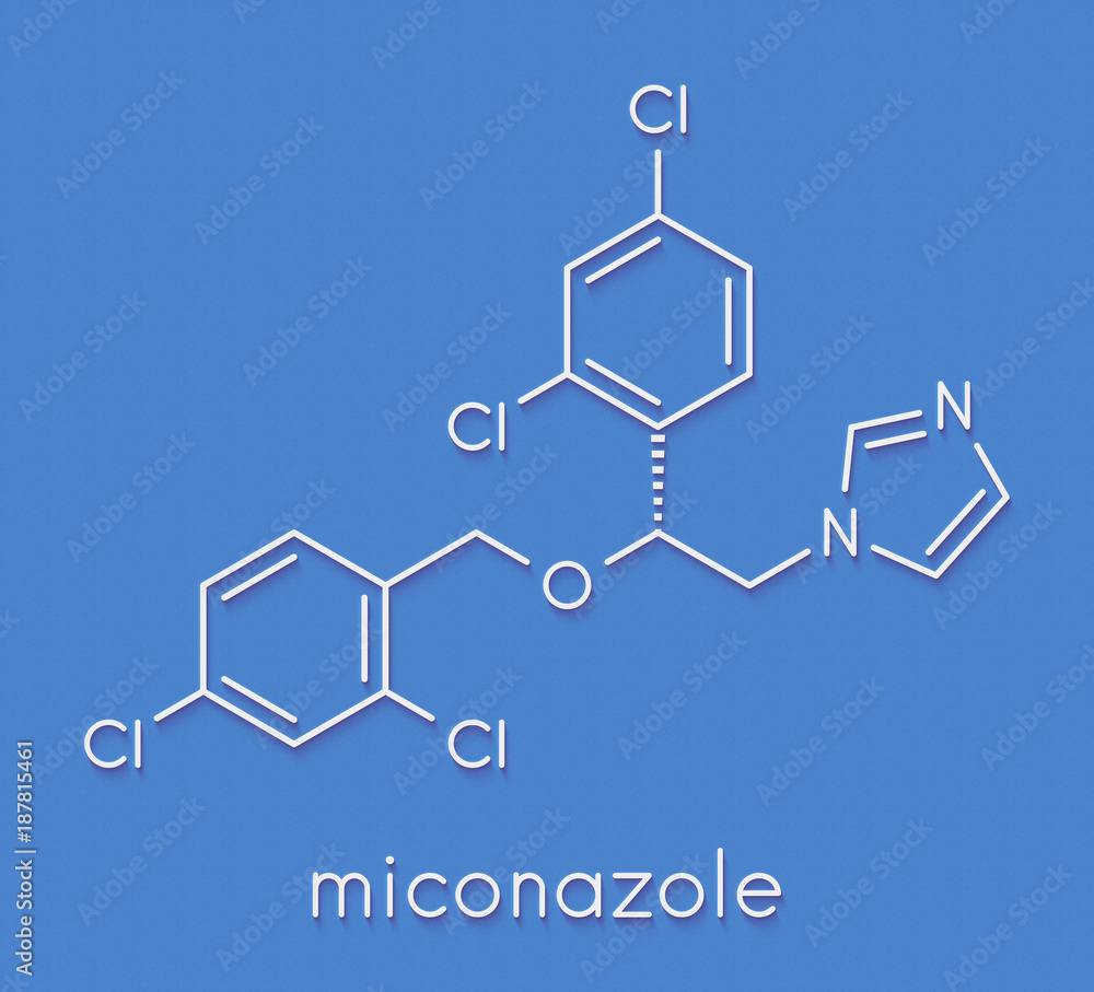 Miconazole antifungal drug molecule. Imidazole class antimycotic, used in treatment of athlete's foot, ringworm, yeast infections, etc. Skeletal formula.