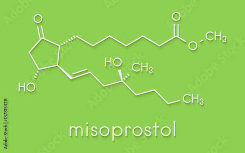 Misoprostol abortion inducing drug molecule. Prostaglandin E1 (PGE1) analogue also used to treat missed miscarriage, induce labor, etc. Skeletal formula.