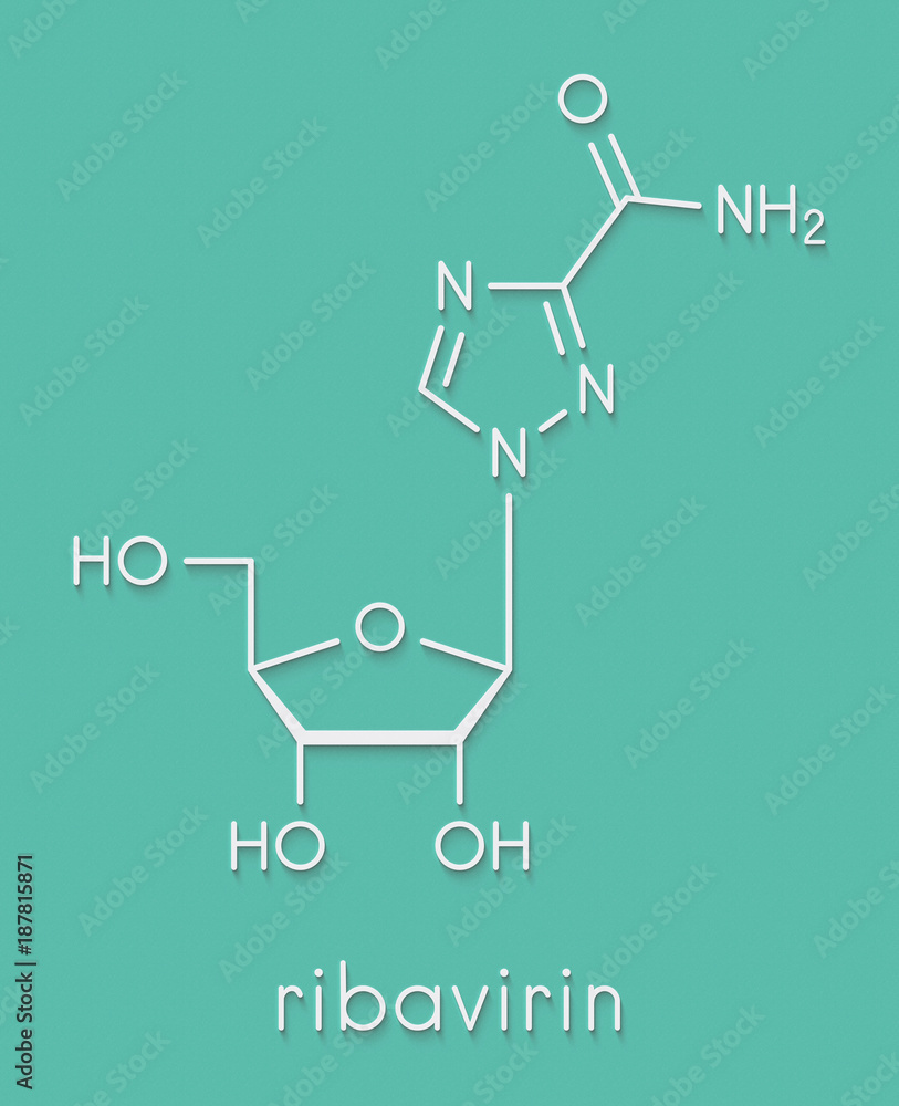 Ribavirin antiviral drug molecule. Used in treatment of hepatitis C virus infections and of viral hemorrhagic fevers. Skeletal formula. Ribavirin antiviral drug molecule. Used in treatment of hepatitis C virus infections and of viral hemorrhagic fevers. Skeletal formula.