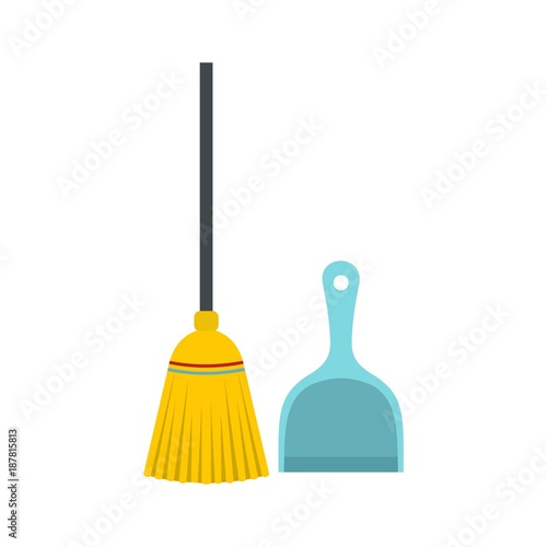 Broom and dustpan icon, flat style
