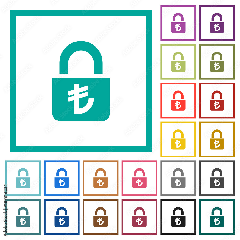 Locked lira flat color icons with quadrant frames