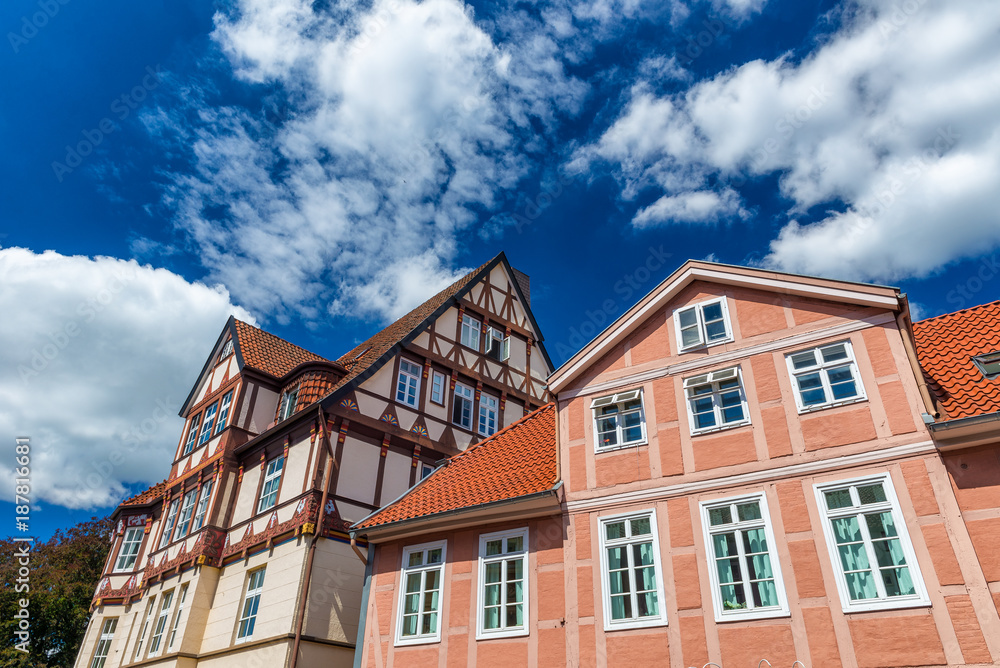 Fototapeta premium Celle, Germany. Colourful buildings in city center on a sunny day
