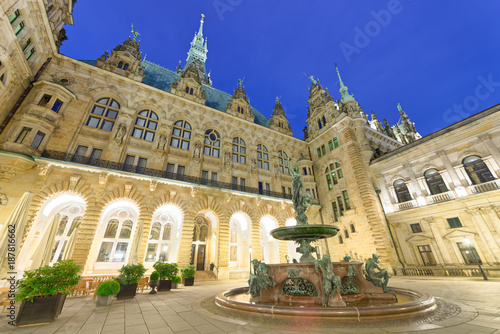 New Town Hall courtyard in Hamburg at night, Germany