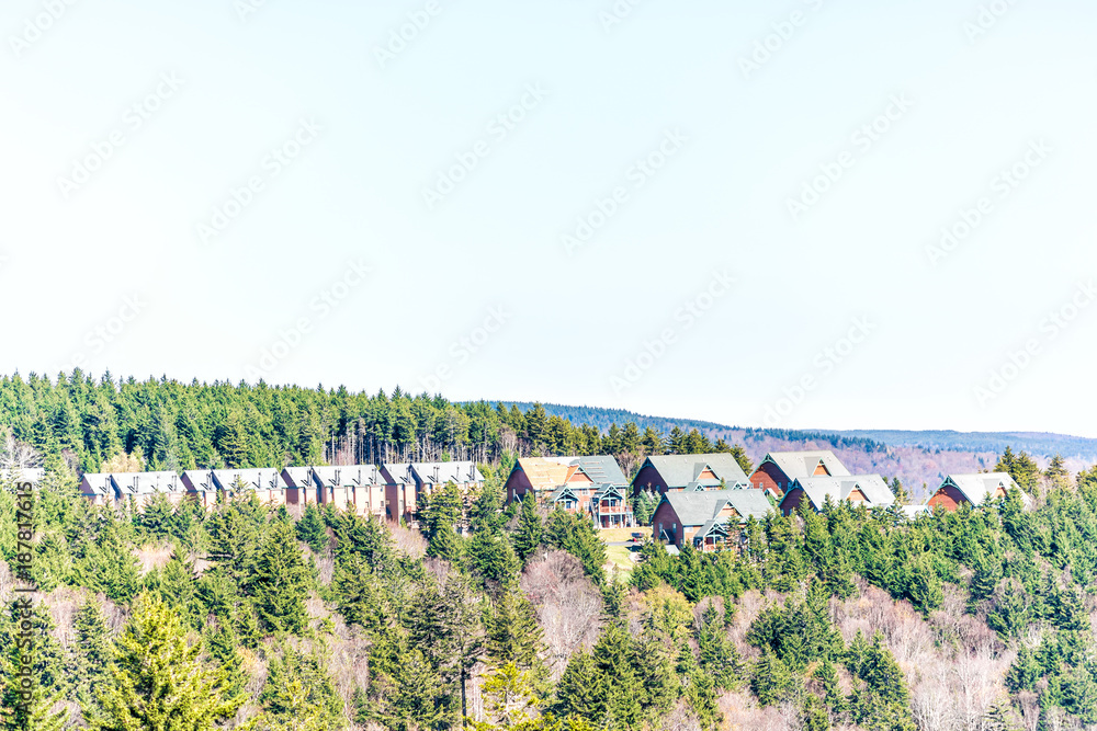 Fototapeta premium Modern new wooden construction project neighborhood of large Alpine houses in West Virginia, wv, Snowshoe mountains during autumn or winter, pine tree forest on peak