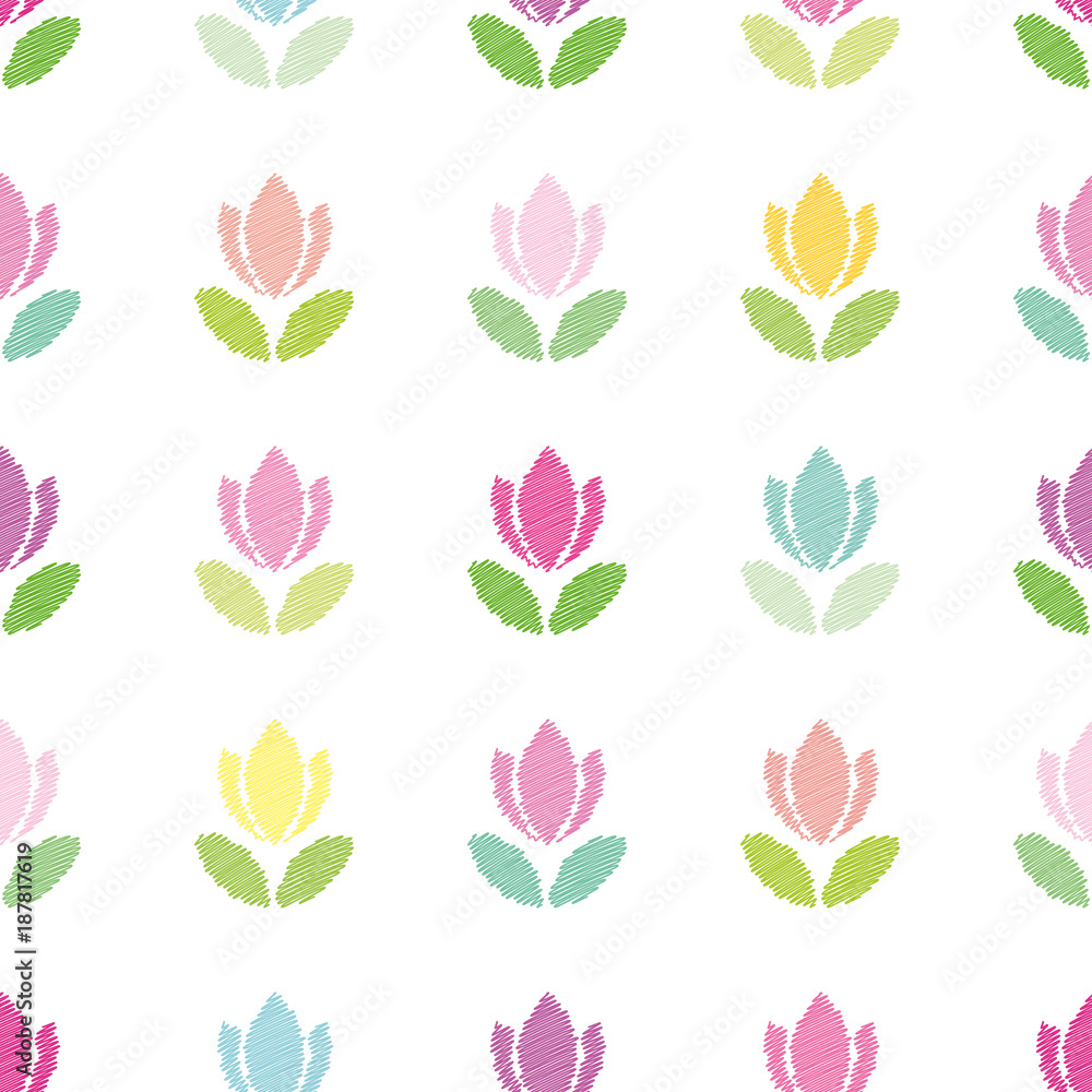Floral seamless pattern background. Embroidery tulips isolated on white.