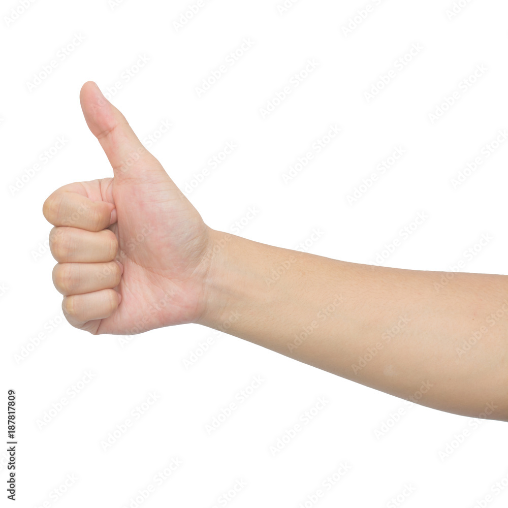 Closeup of male hand showing thumbs up sign isolated white background. With clipping path Closeup of male hand showing thumbs up sign isolated white background. With clipping path
