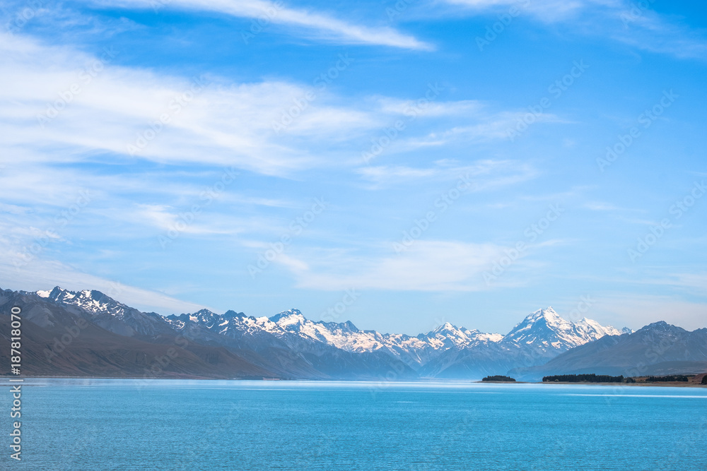 Beautiful scene of Mt Cook in summer beside the lake with blue sky. New Zealand