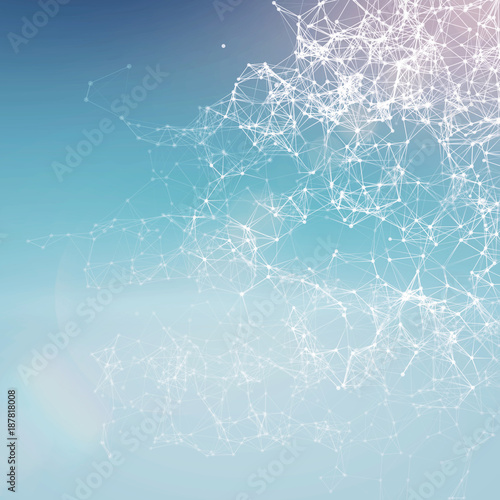 Magical white dots connected with lines on cold blue background with lens flare