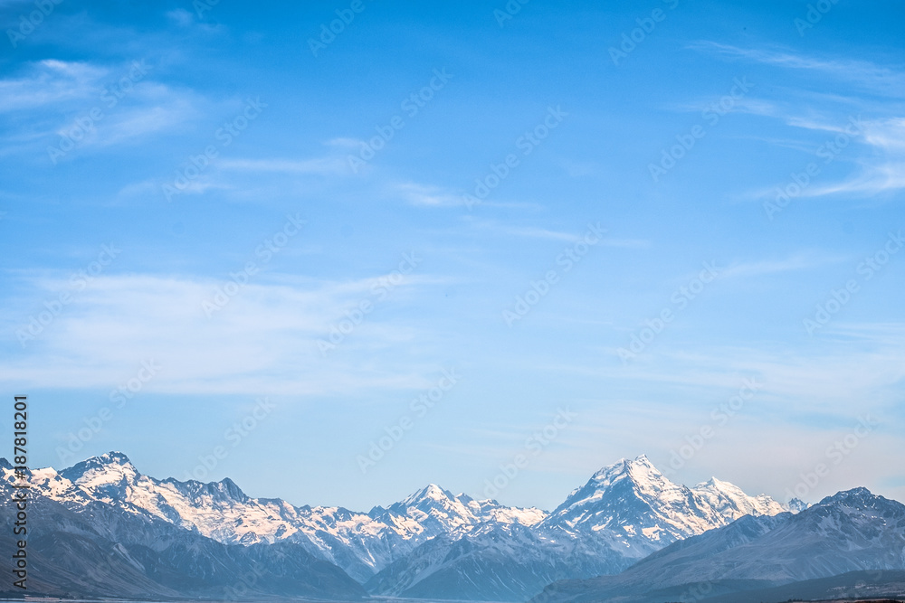 Close up shot, Beautiful scene of Mt Cook in summer beside the lake with blue sky. New Zealand