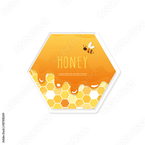 Package design. Hexagon shape label. Pattern with melted honey on the honeycomb is full under clipping mask. Isolated on white.