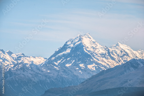 Close up shot, Beautiful scene of Mt Cook in summer beside the lake with blue sky. New Zealand