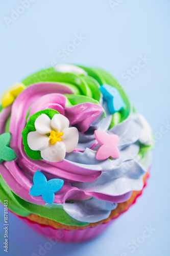 Closeup cupcake creamy multicolored top with colorful flowers and butterflies on blue background