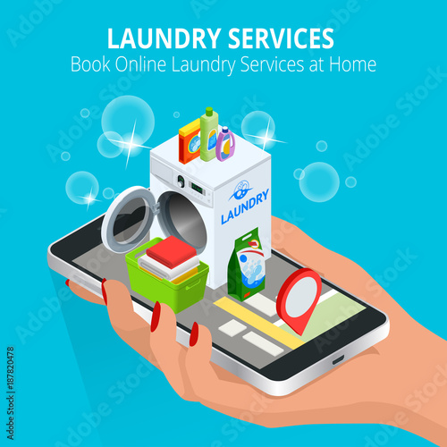 Isometric Woman hand using smartphone booking Online Laundry Service. Book Online Laundry Services at Home concept, App on the screen. Vector illustration