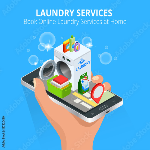 Isometric Woman hand using smartphone booking Online Laundry Service. Book Online Laundry Services at Home concept, App on the screen. Vector illustration