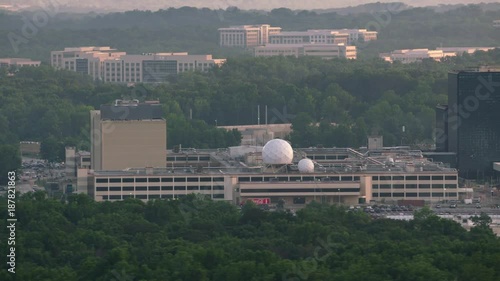 Washington, D.C. circa-2017, Aerial view of the National Security Agency (NSA) headquarters in Fort Meade.  Shot with Cineflex and RED Epic-W Helium. 