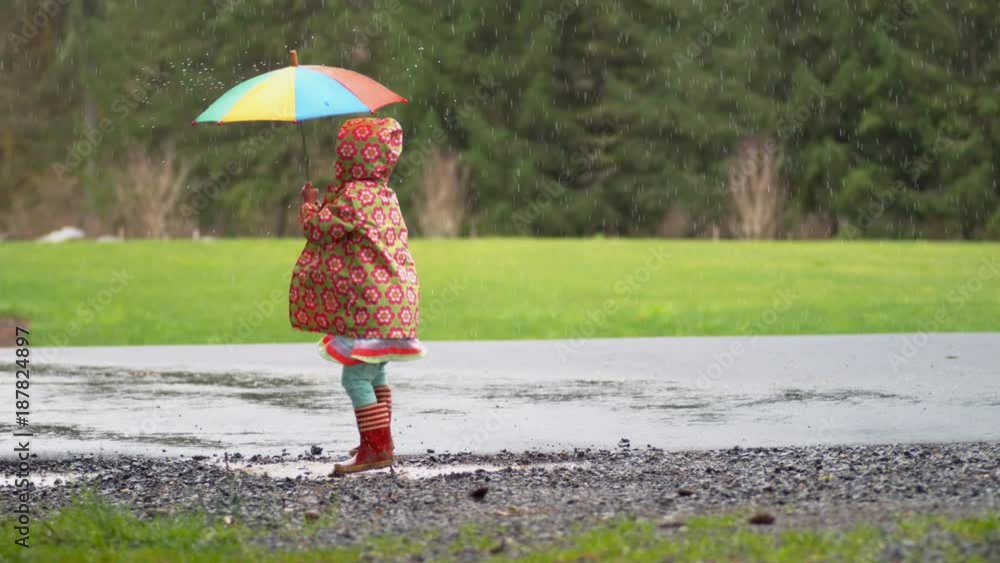 Young girl with umbrella playing in rain, slow motion, shot with Phantom Flex 4K