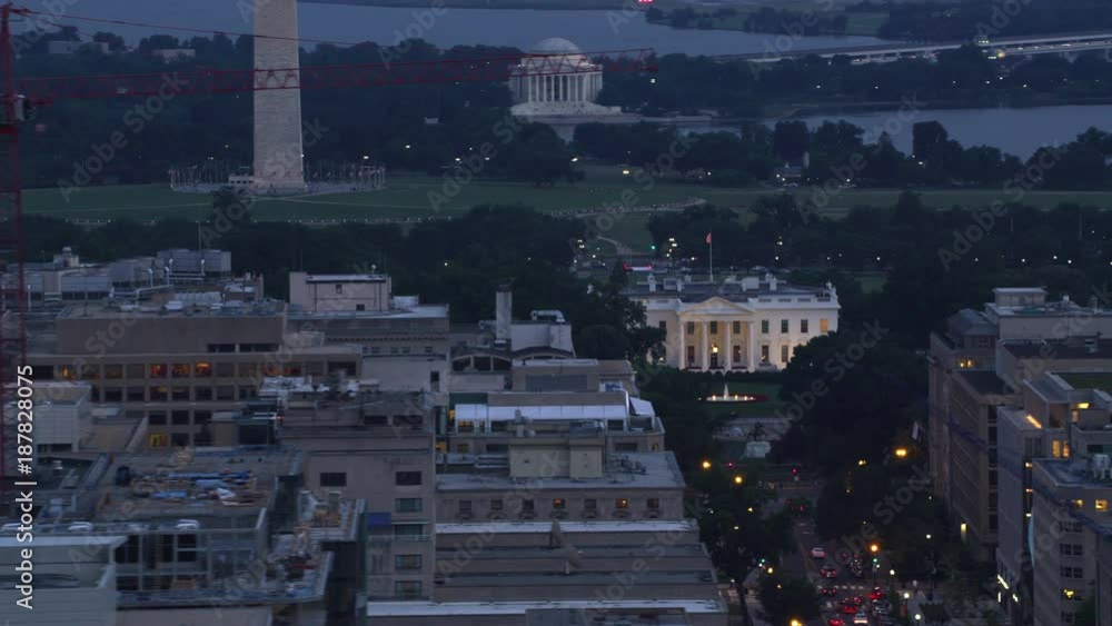 Washington, D.C. circa-2017, Aerial reveal of White House from 16th Street.  Shot with Cineflex and RED Epic-W Helium. 