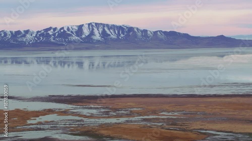 Salt Lake City, Utah circa-2017, Aerial shot of Farmington Bay on the Great Salt Lake photo