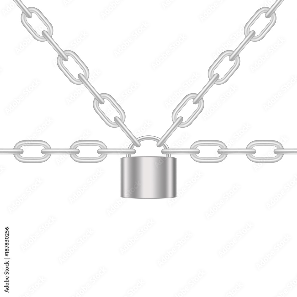 Fototapeta premium Chains locked by padlock in silver design 