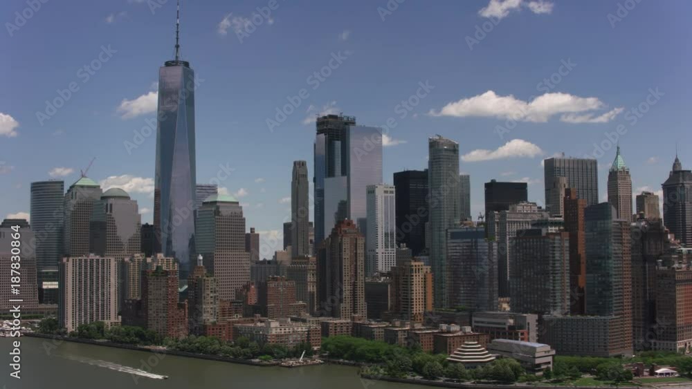 New York City, New York circa-2017, Aerial shot of lower Manhattan skyscrapers in New York City. Shot with Cineflex and RED Epic-W Helium. New York City, New York circa-2017, Aerial shot of lower Manhattan skyscrapers in New York City. Shot with Cineflex and RED Epic-W Helium.