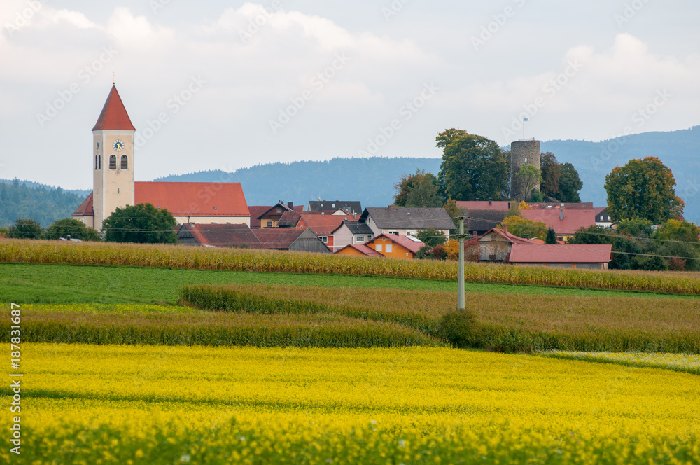 small idyllic town in a valley on bavaria countryside