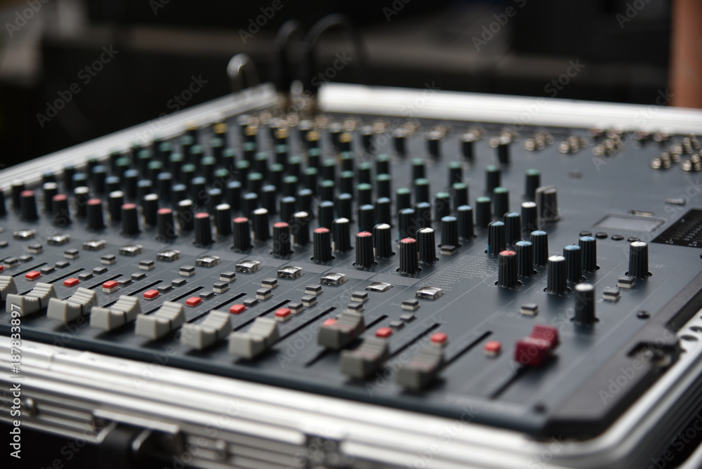 Sound technician audio mixer equalizer control.Sound Mastering For Radio and TV Broadcast.
