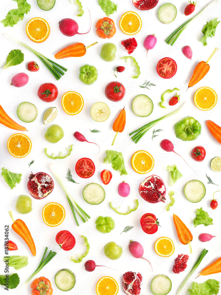 Wallpaper abstract composition of fruits and vegetables. Food pattern vegetables. Healthy food concept. Vegetables isolated, top view.