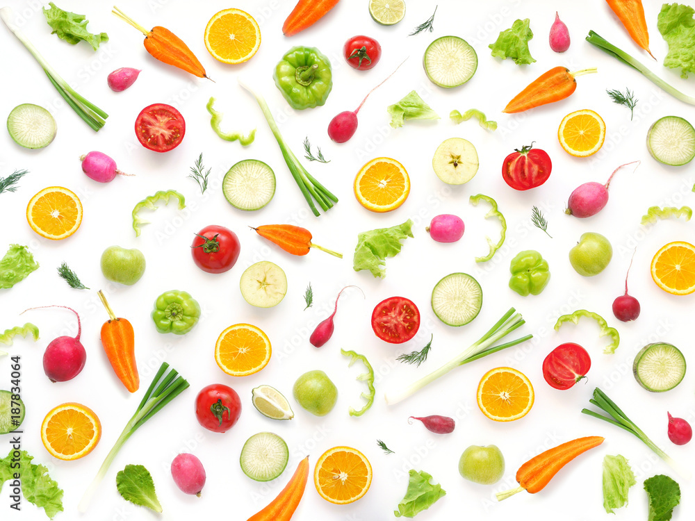 Wallpaper abstract composition of fruits and vegetables. Food pattern