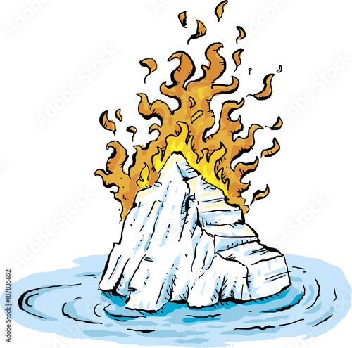 Cartoon of searing flames burning on a frozen, cold iceberg floating in water. 