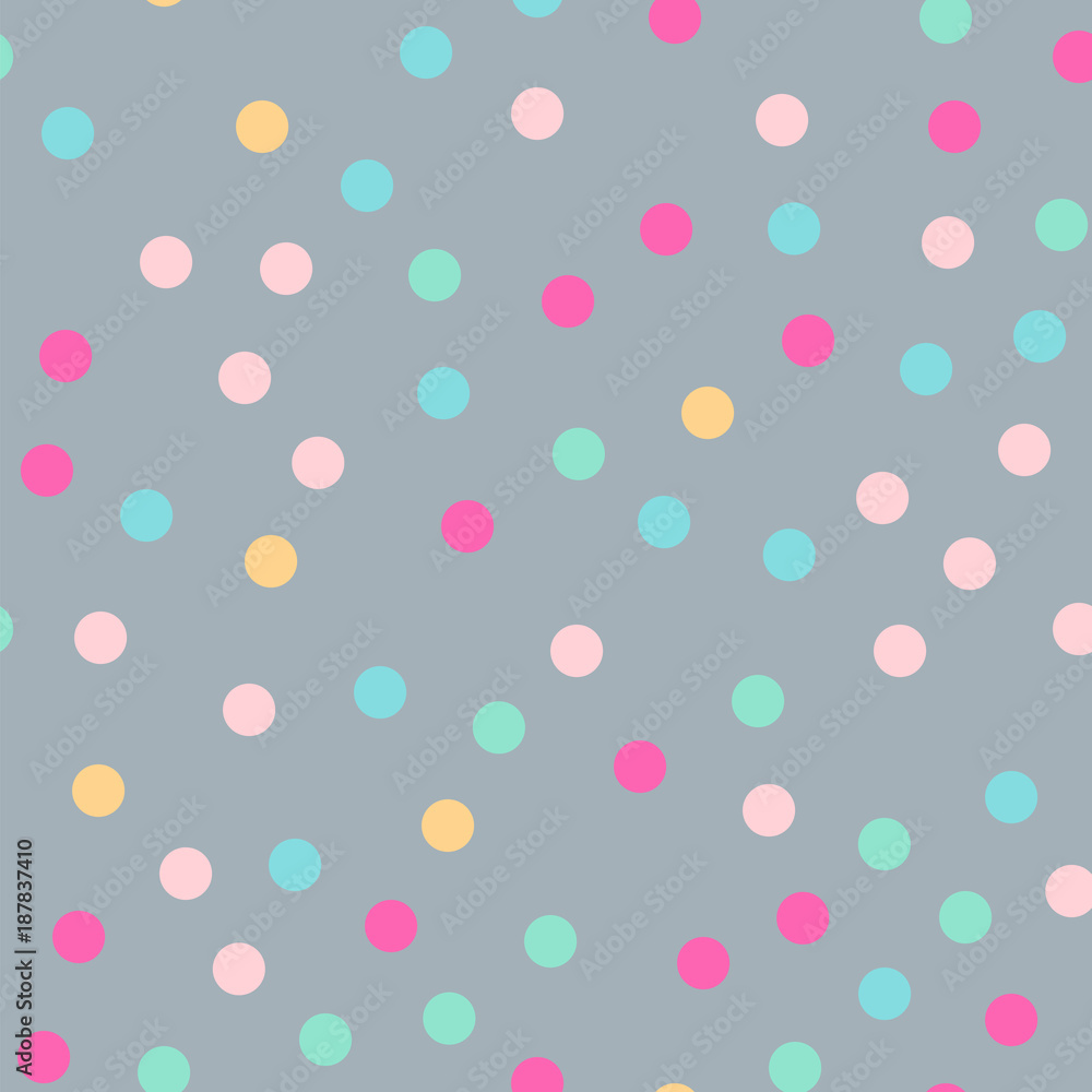 Colorful polka dots seamless pattern on bright 3 background. Cute classic colorful polka dots textile pattern. Seamless scattered confetti fall chaotic decor. Abstract vector illustration.