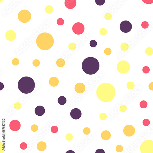 Colorful polka dots seamless pattern on black 25 background. Pretty classic colorful polka dots textile pattern. Seamless scattered confetti fall chaotic decor. Abstract vector illustration.