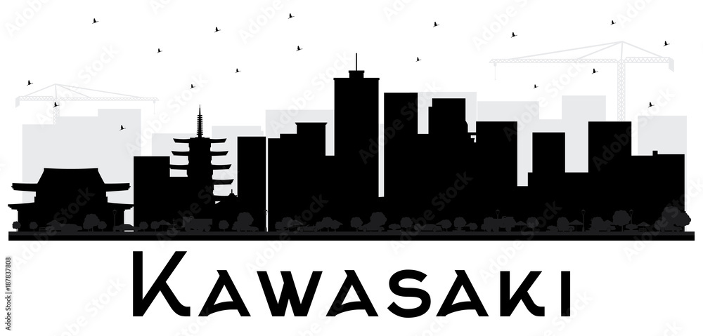 Kawasaki Japan City Skyline Black and White Silhouette.