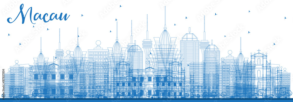 Outline Macau China City Skyline with Blue Buildings.