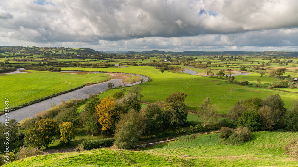 Obraz premium Landscape in Carmarthenshire, seen from Dryslwyn Castle, Dyfed, Wales, UK