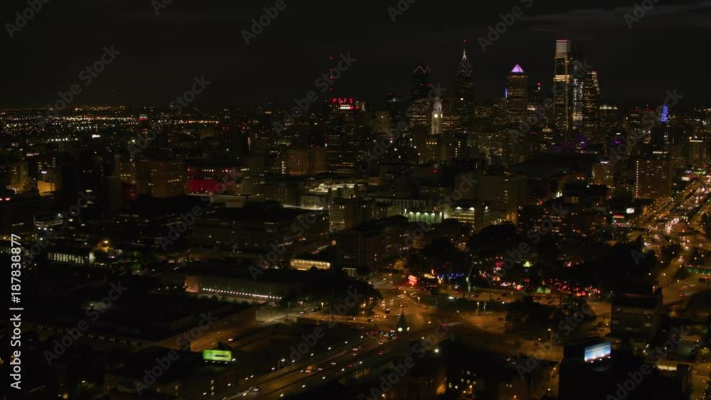Philadelphia, Pennsylvania circa-2017, Night aerial view of downtown Philadelphia buildings. Shot with Cineflex and RED Epic-W Helium. Philadelphia, Pennsylvania circa-2017, Night aerial view of downtown Philadelphia buildings. Shot with Cineflex and RED Epic-W Helium.