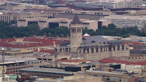 Washington, D.C. circa-2017, Aerial view of Old Post Office Pavilion.  Shot with Cineflex and RED Epic-W Helium. 
