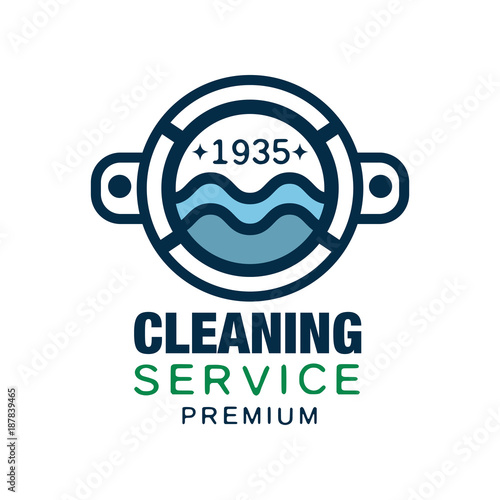 Original vector logo design for cleaning service or company with round door of washing machine. Linear symbol with blue fill. Simple icon in flat style