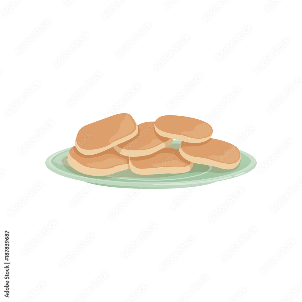 Plate of traditional Russian fresh curd fritters. Dessert and tasty breakfast concept. Isolated flat vector design for poster, flyer or menu of restaurant Plate of traditional Russian fresh curd fritters. Dessert and tasty breakfast concept. Isolated flat vector design for poster, flyer or menu of restaurant