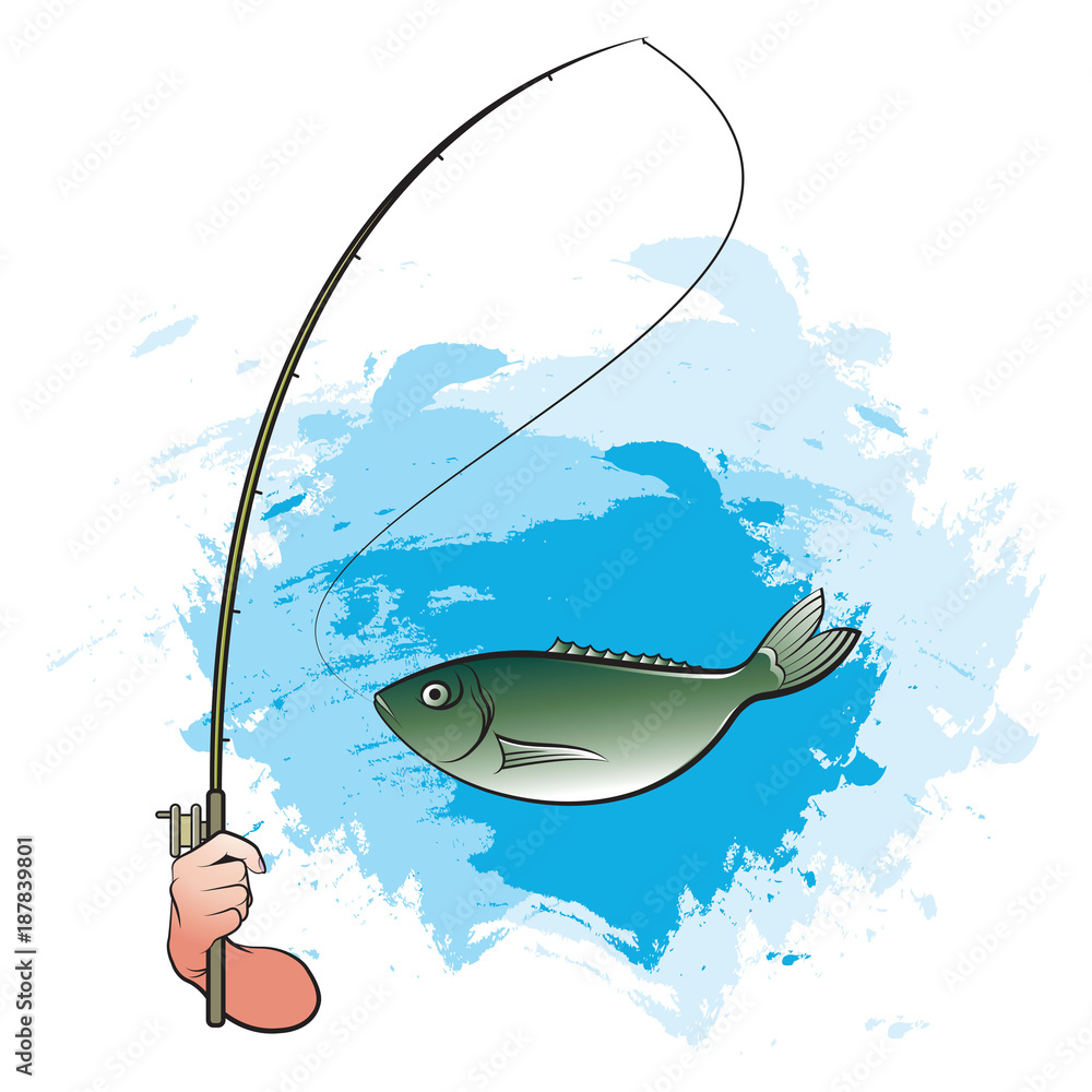 hand catching big fish with fishing pole vector cartoon Stock