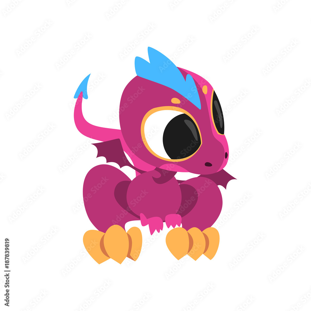 Cartoon baby dragon with big eyes, little wings and long tail. Fantastic creature character of children's fairy tale. Flat vector design for mobile game, sticker or book