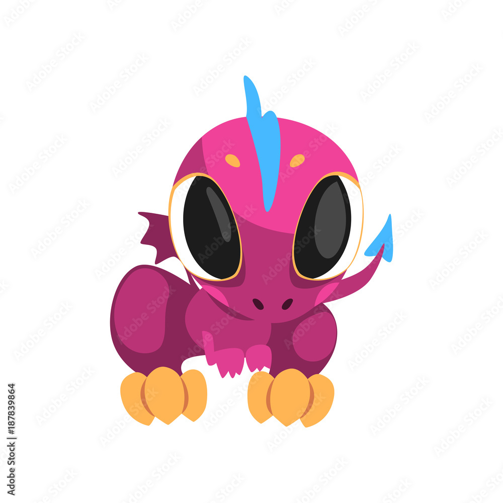 Adorable violet dragon with big eyes, little wings, long tail and blue  mohawk. Fantastic mythical creature. Cartoon character. Flat vector for  mobile game, sticker or print Stock Vector | Adobe Stock