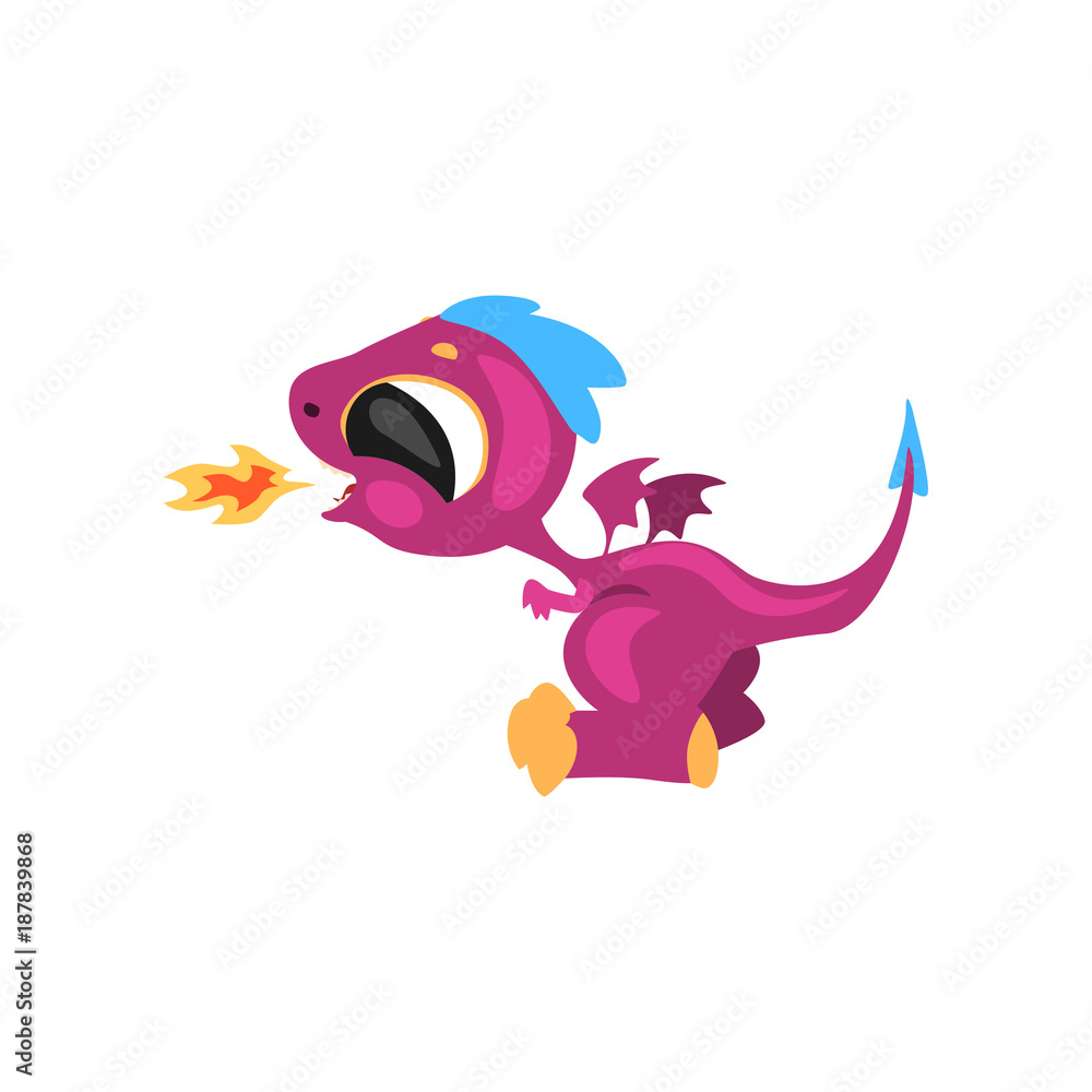 Cute little dragon having fun and breathing with fire. Cartoon character of fantastic animal. Flat vector for sticker, card, kids print, mobile or computer game Cute little dragon having fun and breathing with fire. Cartoon character of fantastic animal. Flat vector for sticker, card, kids print, mobile or computer game