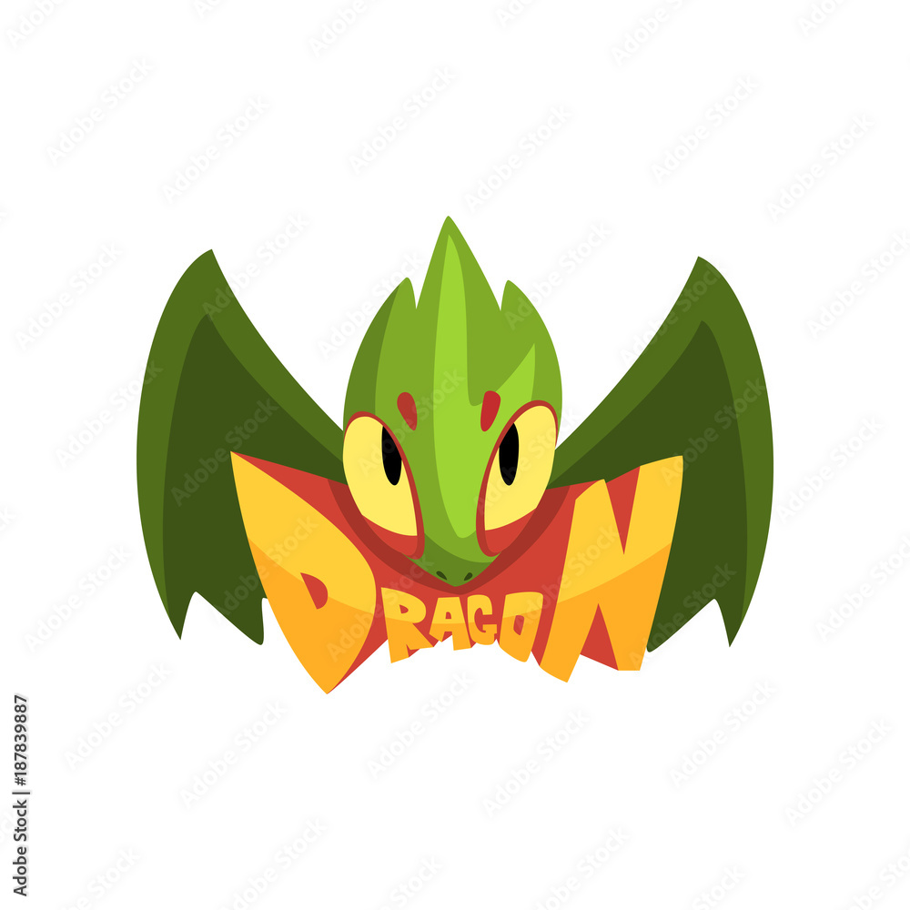 Green fairy tale dragon with eyes and wings. Cartoon character of mythical  creature. Flat vector design for mobile game, logo, sticker, book cover,  kids print Stock Vector | Adobe Stock